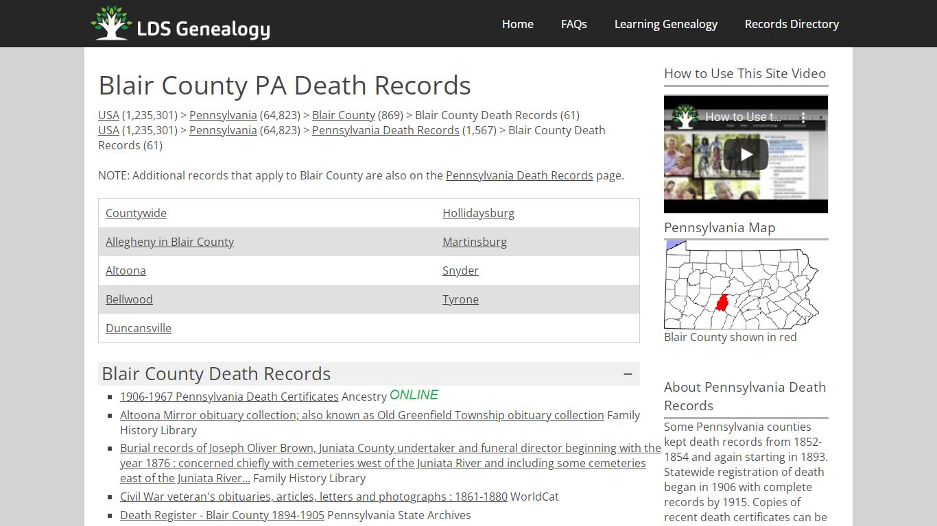 Blair County PA Death Records - LDS Genealogy