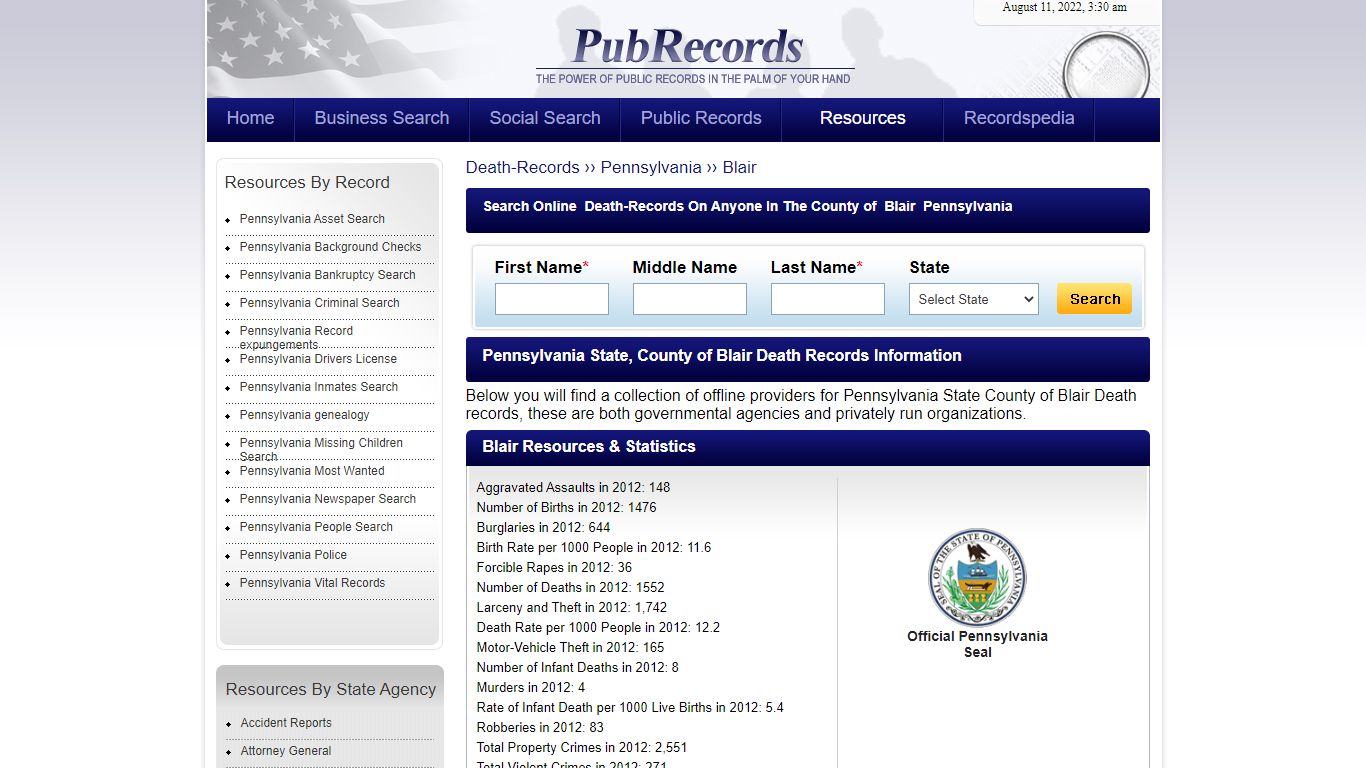 Blair County, Pennsylvania Death Records