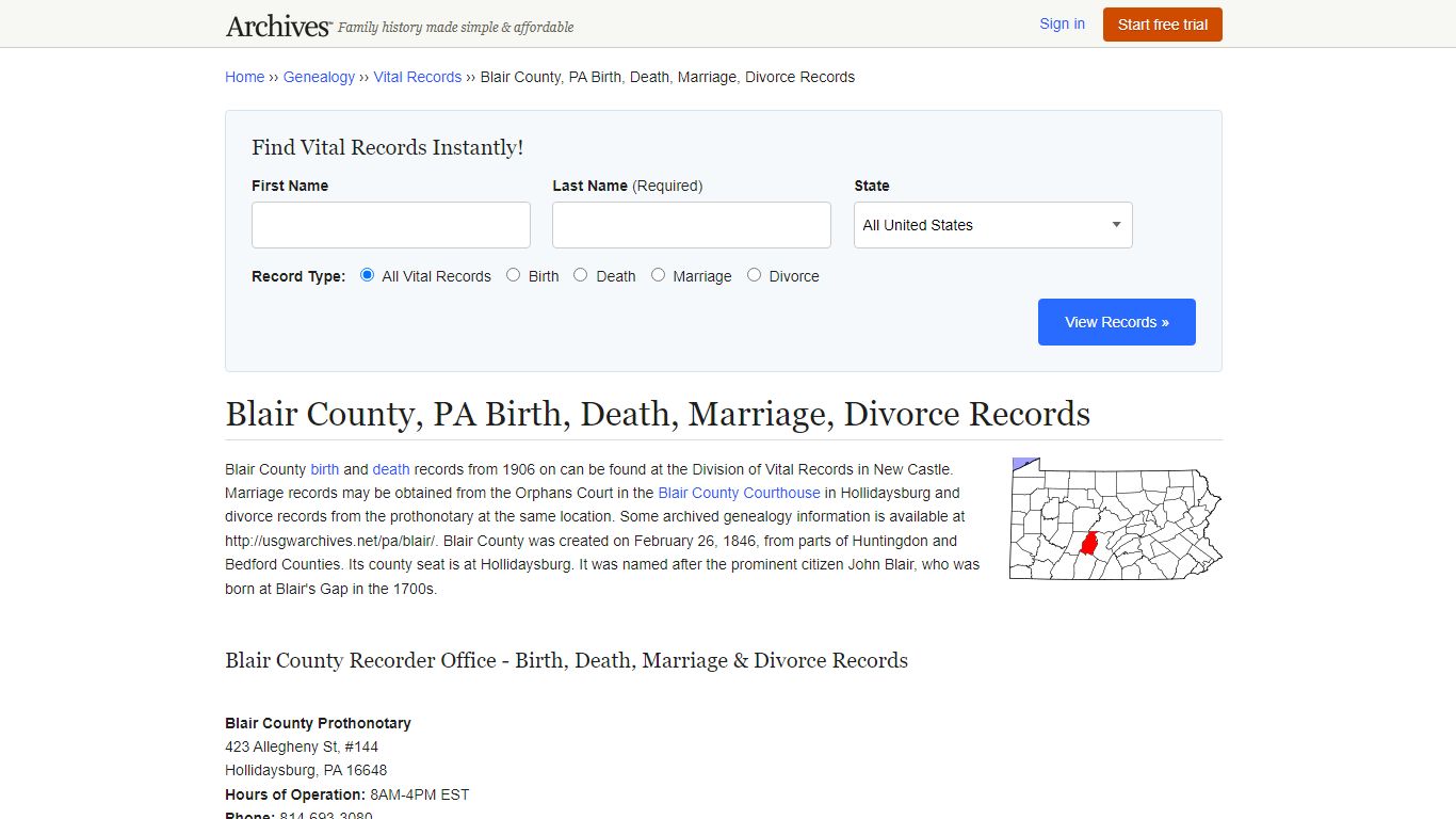 Blair County, PA Birth, Death, Marriage, Divorce Records